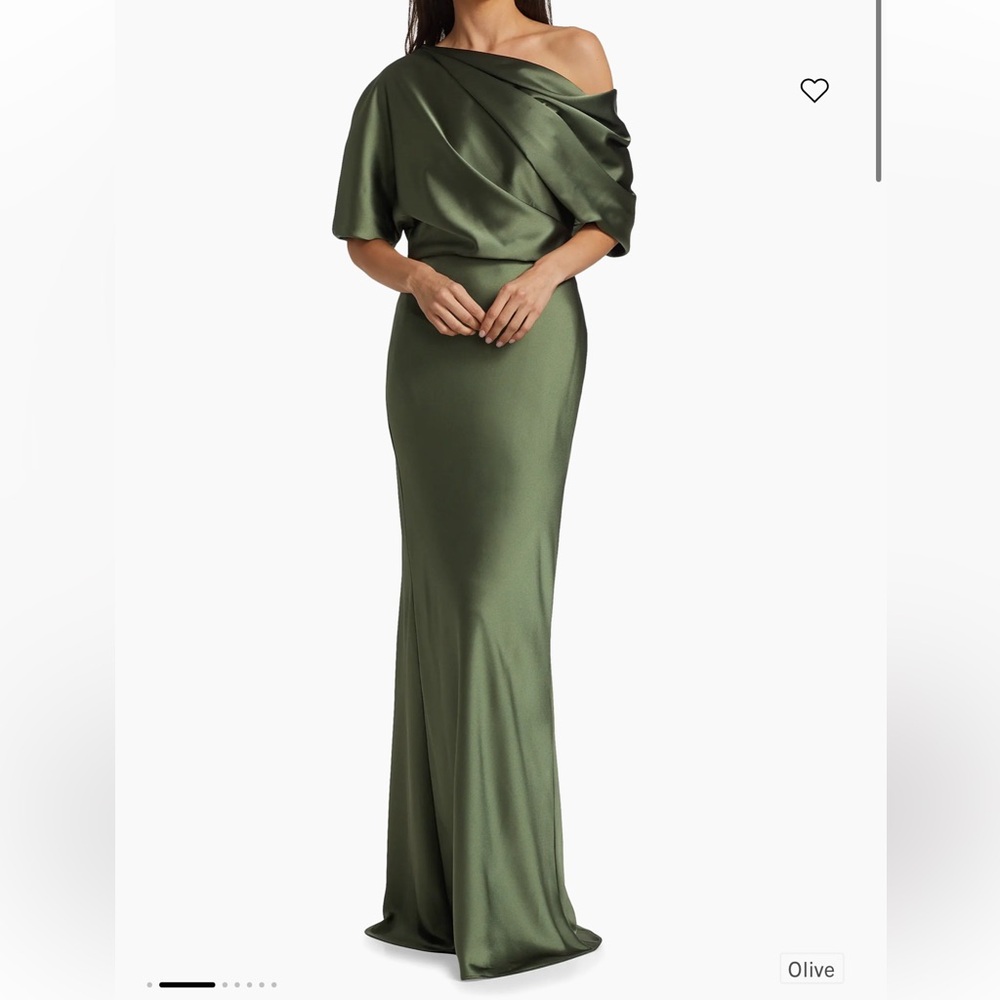 AMSALE Pryce Satin One Shoulder Gown Olive Size 4 - Picture 3 of 15